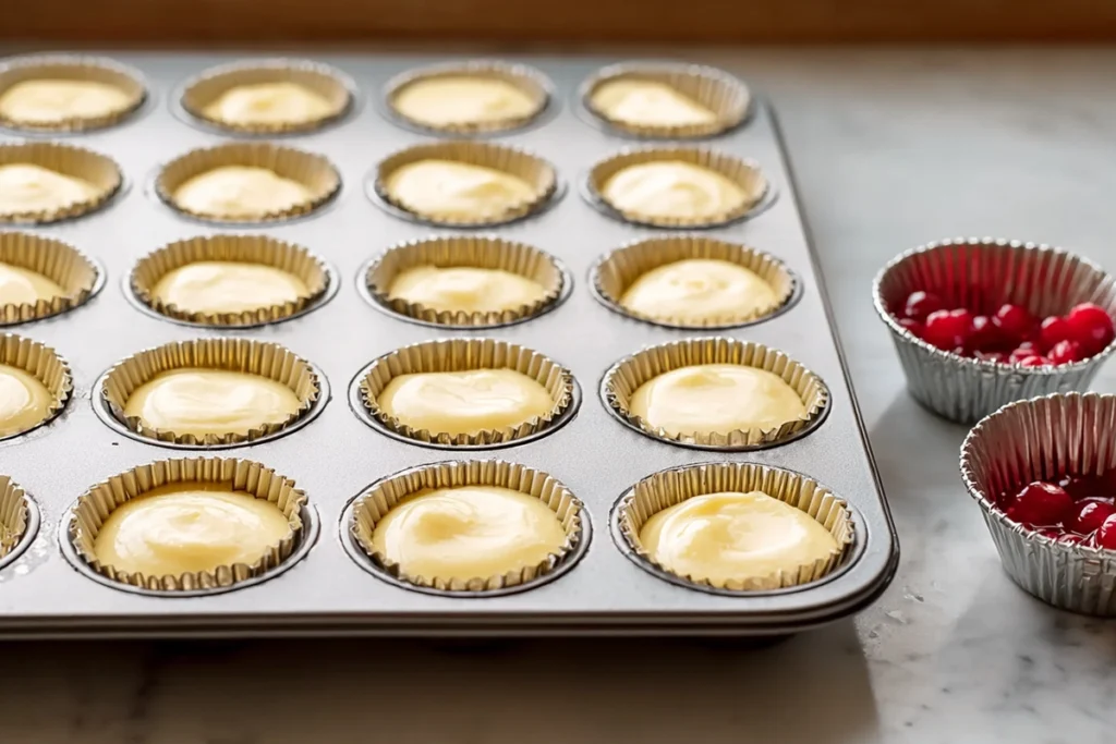creamy batter for mini cheesecakes poured into lined muffin pan