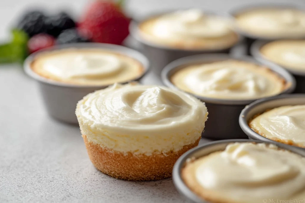 muffin pan filled with smooth cheesecake batter for mini cheesecakes