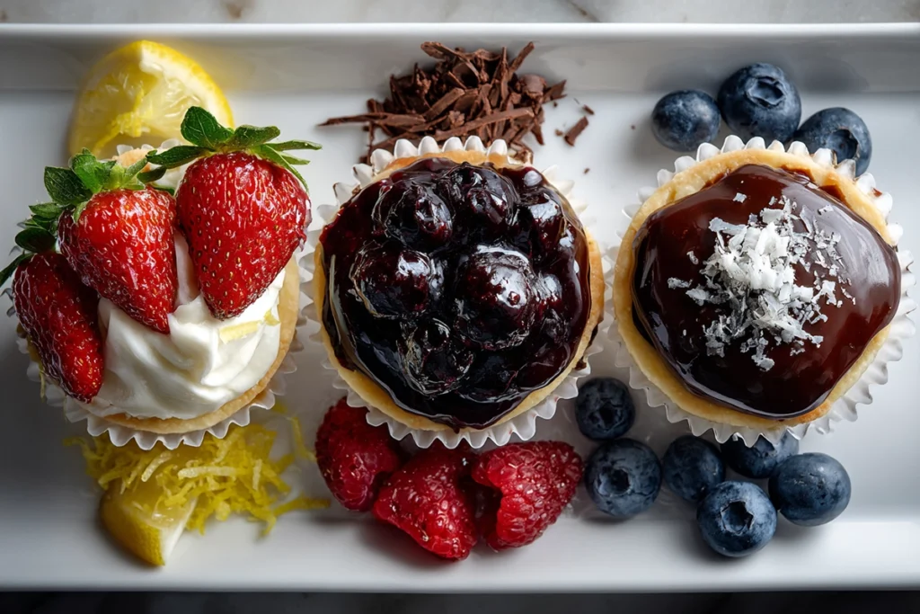 overhead shot of mini cheesecake flavor variations with toppings