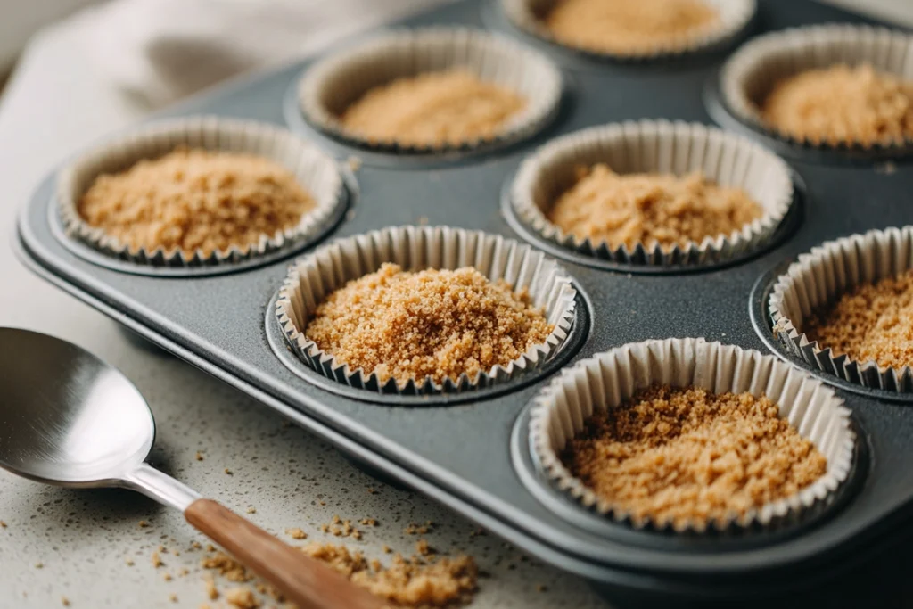 graham cracker crusts prepared for mini cheesecakes in muffin pan