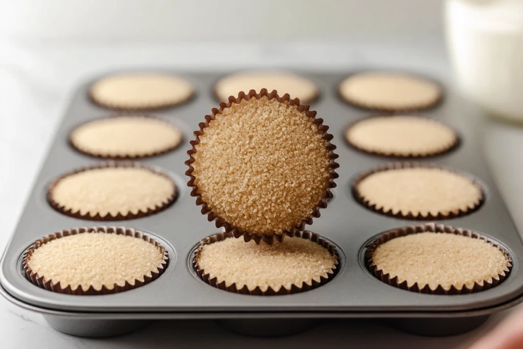 close-up of graham cracker crust packed into muffin liners for mini cheesecakes