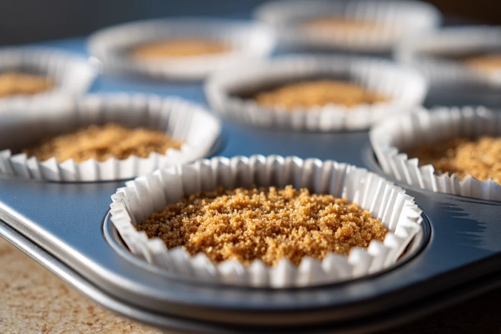 Graham cracker crust being prepared for Mini Cherry Lime Greek Yogurt Cheesecakes