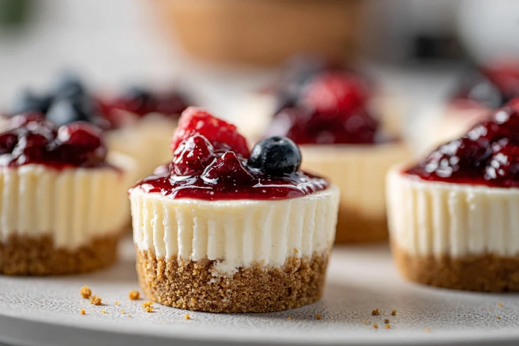 macro texture close-up of mini cheesecake with berry topping