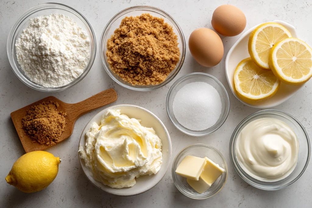 overhead flat lay of mini cheesecake ingredients in glass bowls