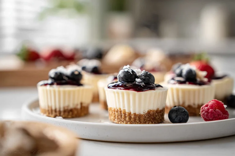 photorealistic mini cheesecakes with berry topping in modern kitchen