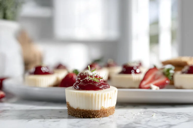Mini Cherry Lime Greek Yogurt Cheesecakes on modern kitchen counter