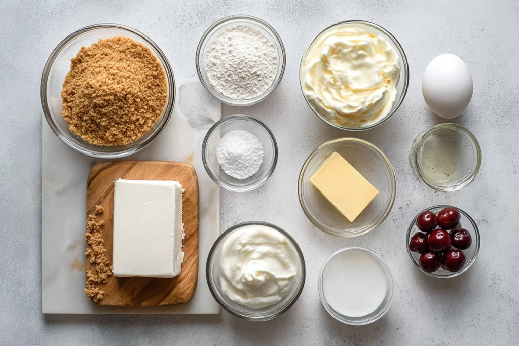 Overhead ingredients layout for Mini Cherry Lime Greek Yogurt Cheesecakes