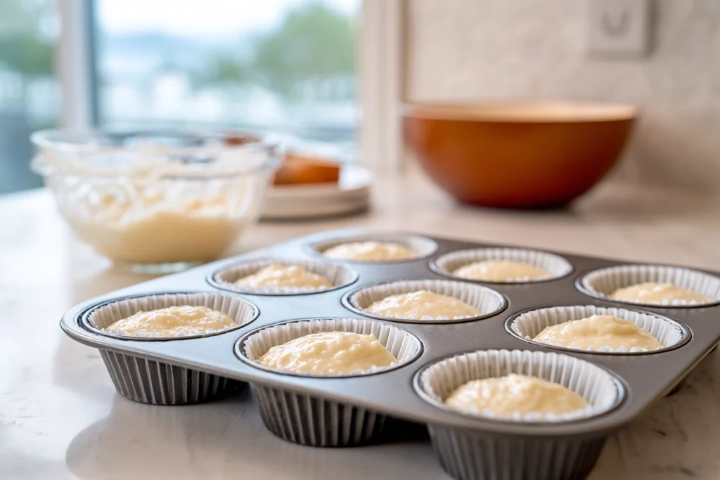 Mini chiffon cupcake batter poured into paper liners on a modern kitchen counter