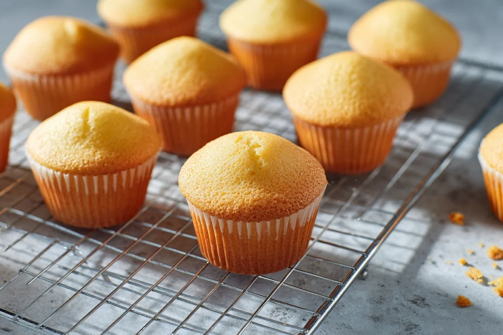 Overhead image of mini chiffon cupcakes cooling on a rack in a modern kitchen