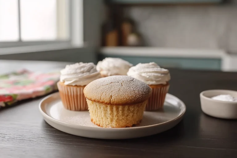 Photorealistic hero shot of mini chiffon cupcakes on a modern kitchen counter