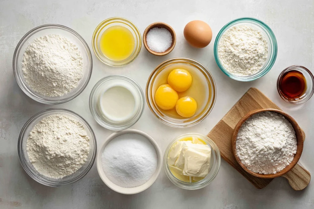 Overhead image of ingredients for mini chiffon cupcakes arranged in glass bowls