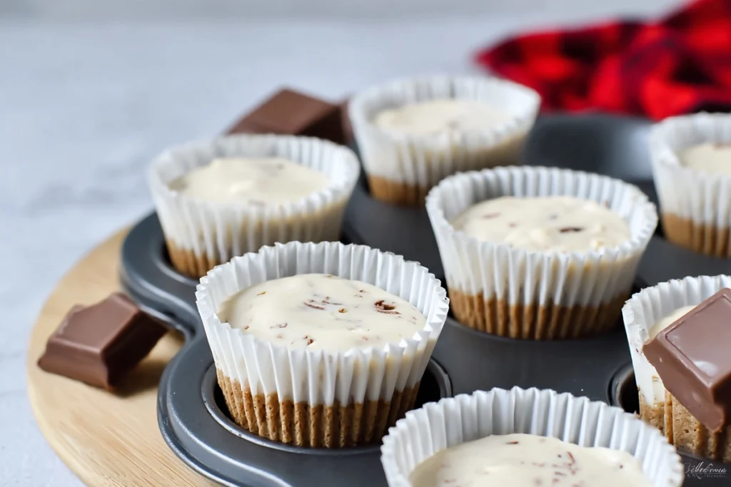 Mini Kinder Bueno Cheesecakes in muffin tin before chilling