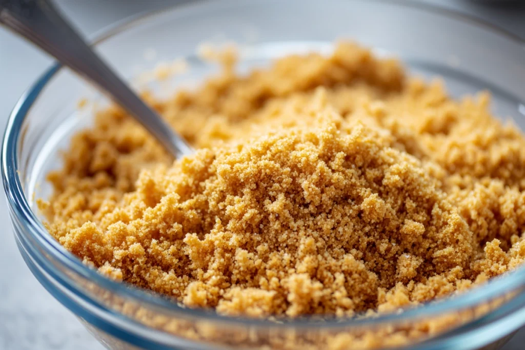 Close-up macro shot of crust mixture for Mini Kinder Bueno Cheesecakes