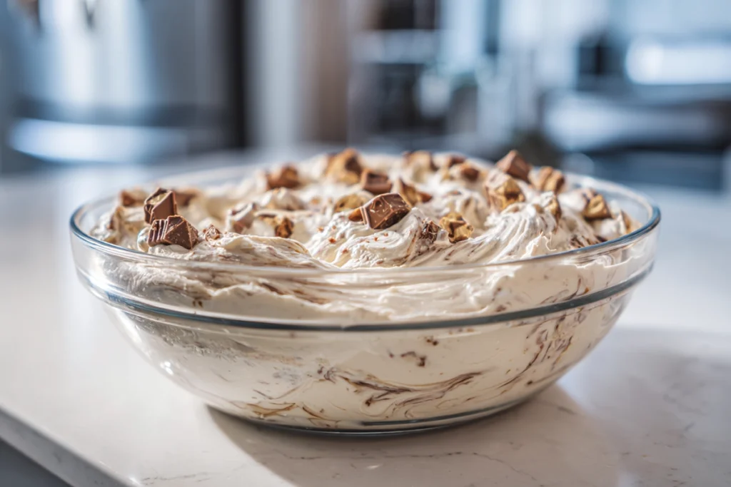 Cheesecake filling mixture with Kinder Bueno pieces for Mini Kinder Bueno Cheesecakes