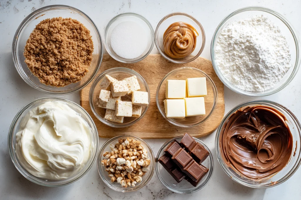 Overhead photo of Mini Kinder Bueno Cheesecakes ingredients arranged in glass bowls