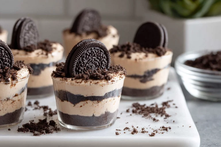 Photorealistic Mini Oreo Dessert Cups on modern kitchen counter