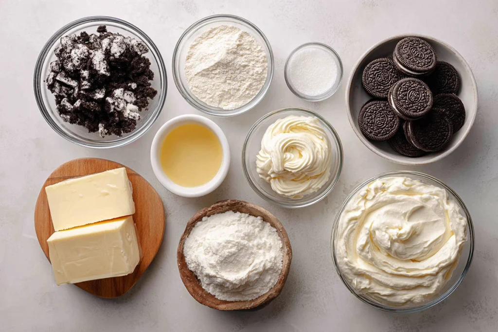 All ingredients for Mini Oreo Dessert Cups neatly arranged in a bright modern kitchen.
