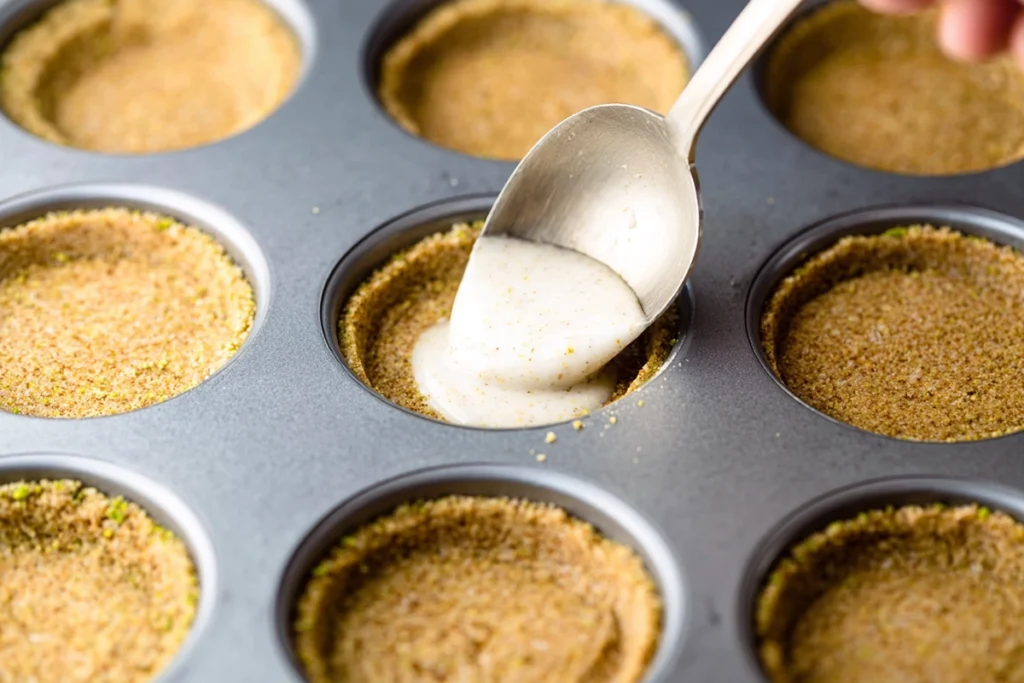 Close-up shot of crust for Mini Pistachio Coffee Cheesecakes pressed into mini molds