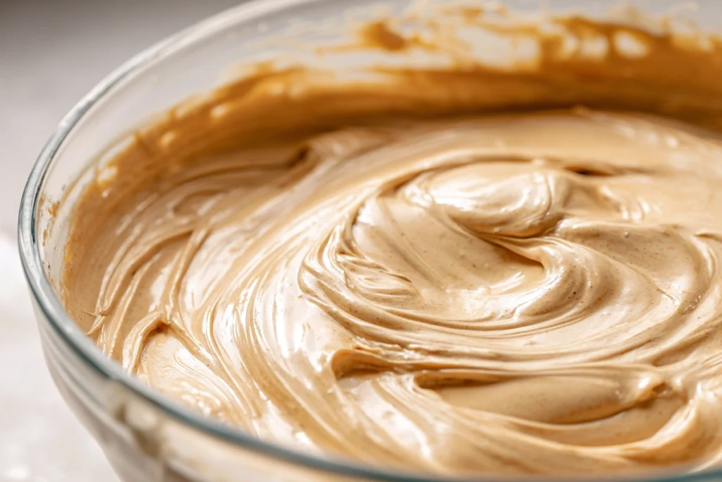 Macro shot of creamy coffee filling for Mini Pistachio Coffee Cheesecakes in a glass bowl