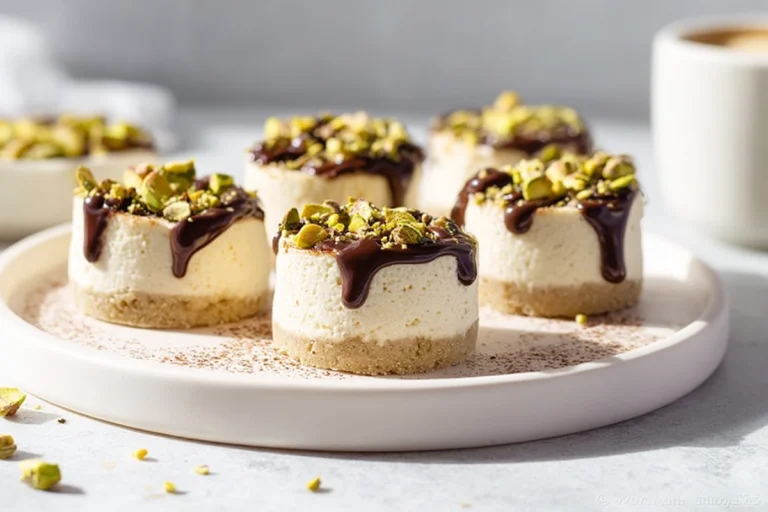 Photorealistic hero shot of Mini Pistachio Coffee Cheesecakes plated in a modern kitchen