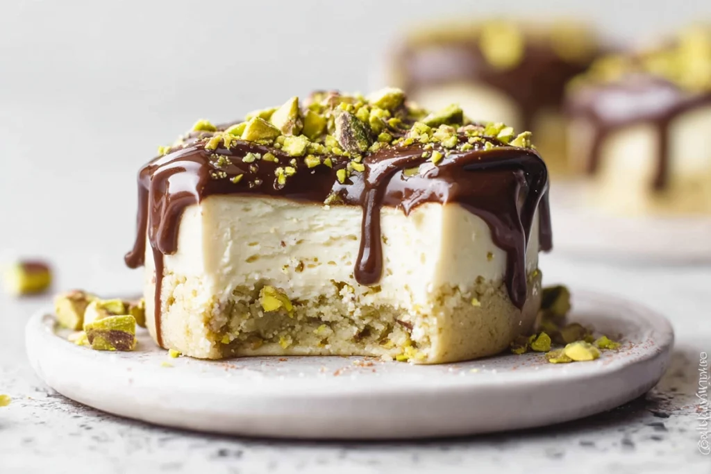 Finished Mini Pistachio Coffee Cheesecakes topped with ganache and pistachios