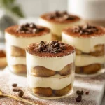 Finished mini tiramisu cups dessert in clear glass cups photographed in modern kitchen