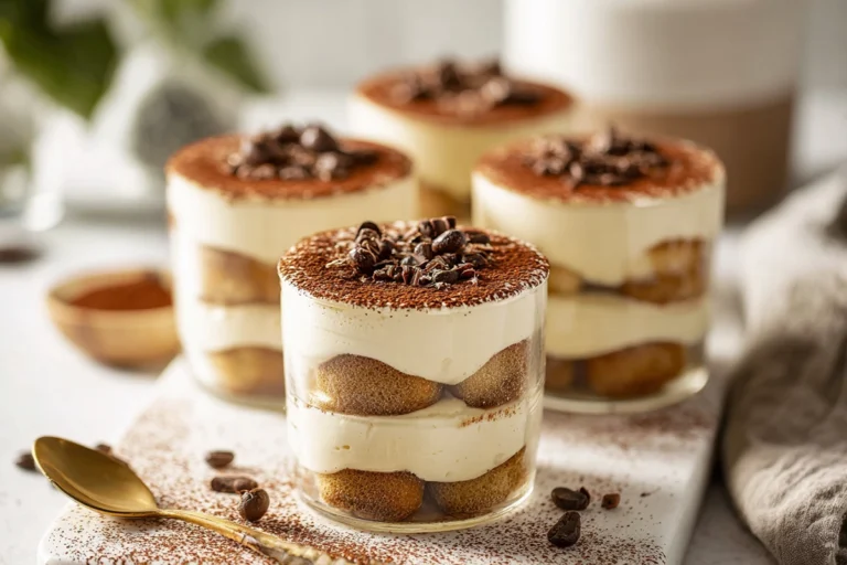 Finished mini tiramisu cups dessert in clear glass cups photographed in modern kitchen
