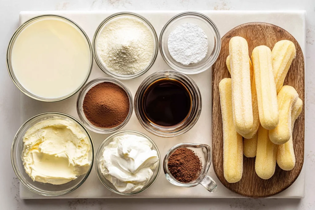Overhead shot of mini tiramisu cups ingredients in glass bowls and wooden board