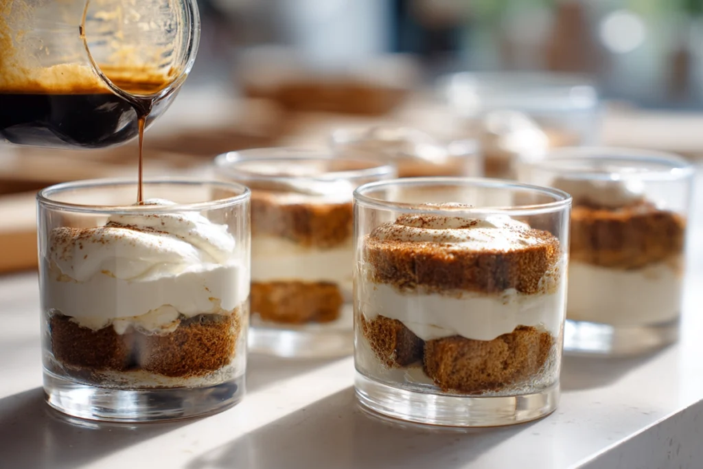 Layering mini tiramisu cups with mascarpone cream and espresso-soaked ladyfingers