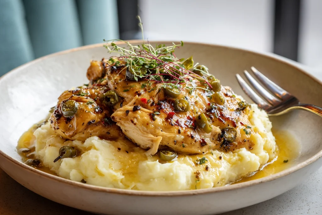plated mississippi chicken served over mashed potatoes with pepperoncini