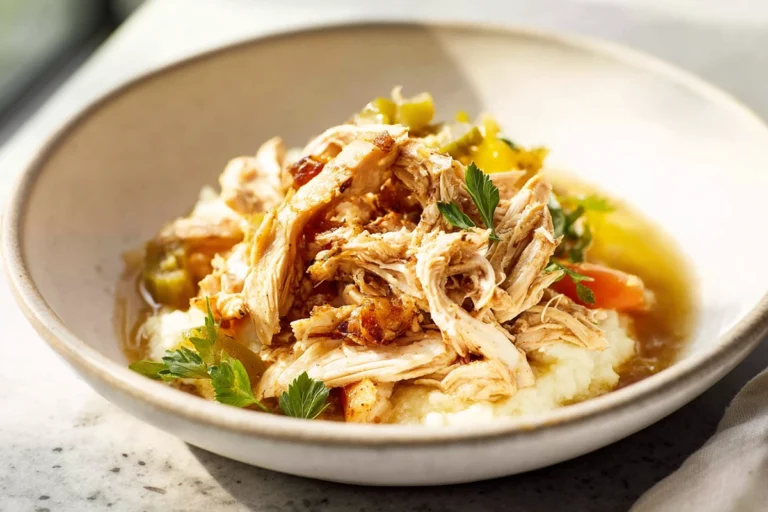 photorealistic mississippi chicken hero shot with tender shredded chicken and pepperoncini