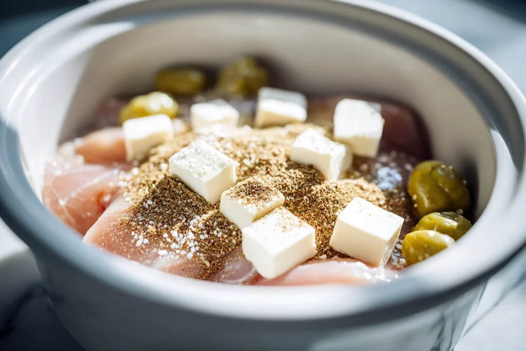 assembling mississippi chicken in slow cooker with seasoning butter and pepperoncini