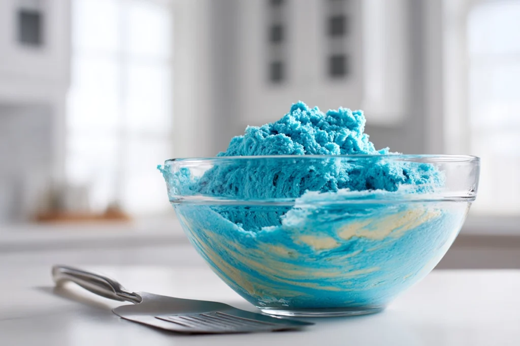 close 45-degree view of blue cookie monster cookie dough being mixed