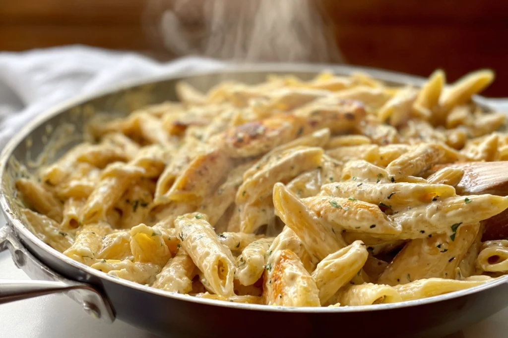 pasta being mixed in creamy garlic parmesan sauce for garlic parmesan chicken pasta