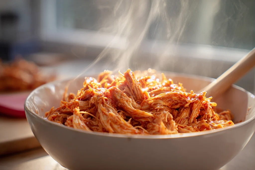 Slow Cooker Hot Honey Chicken being mixed with sauce during preparation