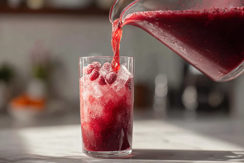 Pouring homemade Starbucks Strawberry Acai Refresher Copycat into ice-filled glass