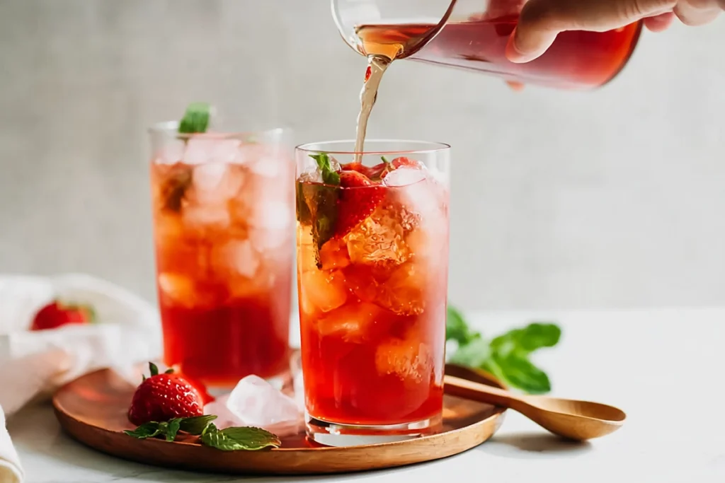 strawberry iced tea being mixed with tea and syrup in modern kitchen