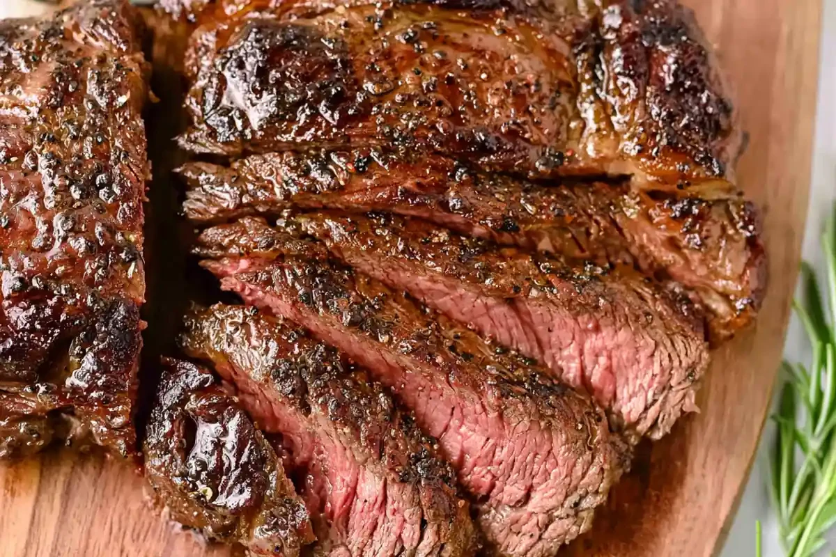 Mohamed Ayad's Rib Eye Steak Recipe with a browned crust and juicy medium-rare center