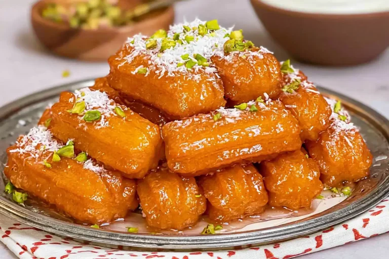 Tulumba Recipe with Crisp Ridges and Cold Sugar Syrup 7 Mohamed Ayad's Tulumba Recipe with crisp syrup-coated pastries and chopped pistachios