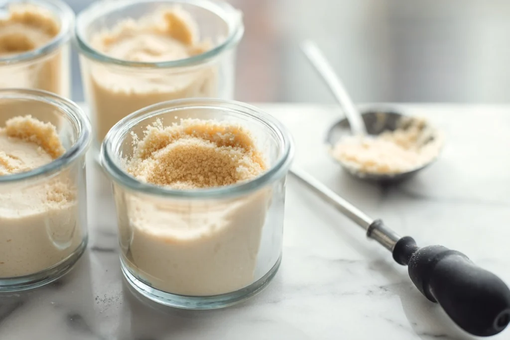 Crust layer being assembled for no-bake cheesecake cups in glass cups