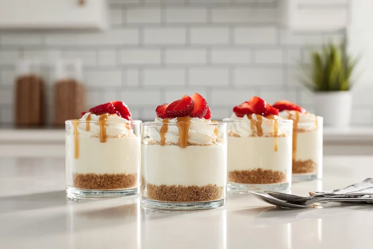 Finished no-bake cheesecake cups on modern kitchen counter in 45-degree hero shot