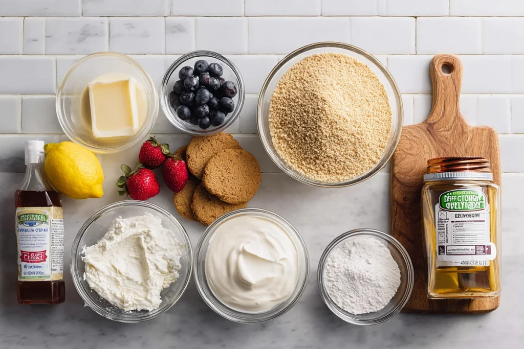 Overhead view of organized ingredients for no-bake cheesecake cups in glass bowls
