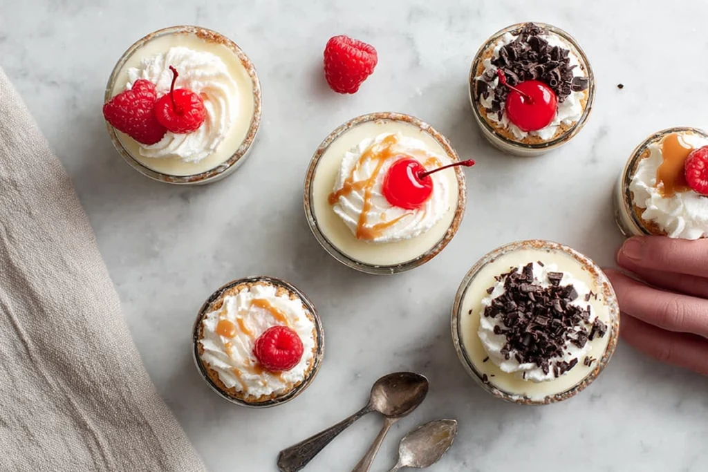 Overhead photo of assorted finished no-bake cheesecake cups with toppings