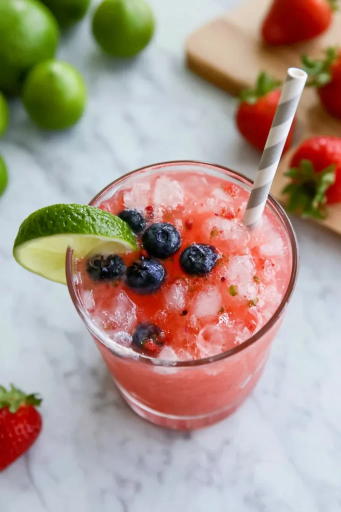 Non-Alcoholic Strawberry Margaritas with Fresh Lime and Seltzer 2 Close-up of a non-alcoholic strawberry margarita with crushed ice, fresh lime, and seltzer