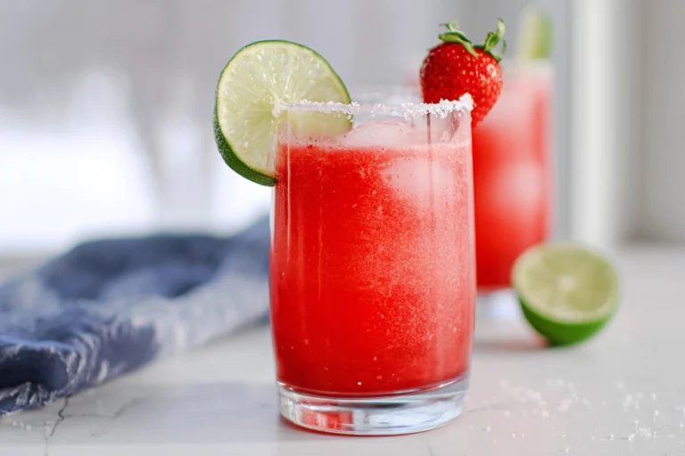 non-alcoholic strawberry margarita with lime garnish and sugared rim