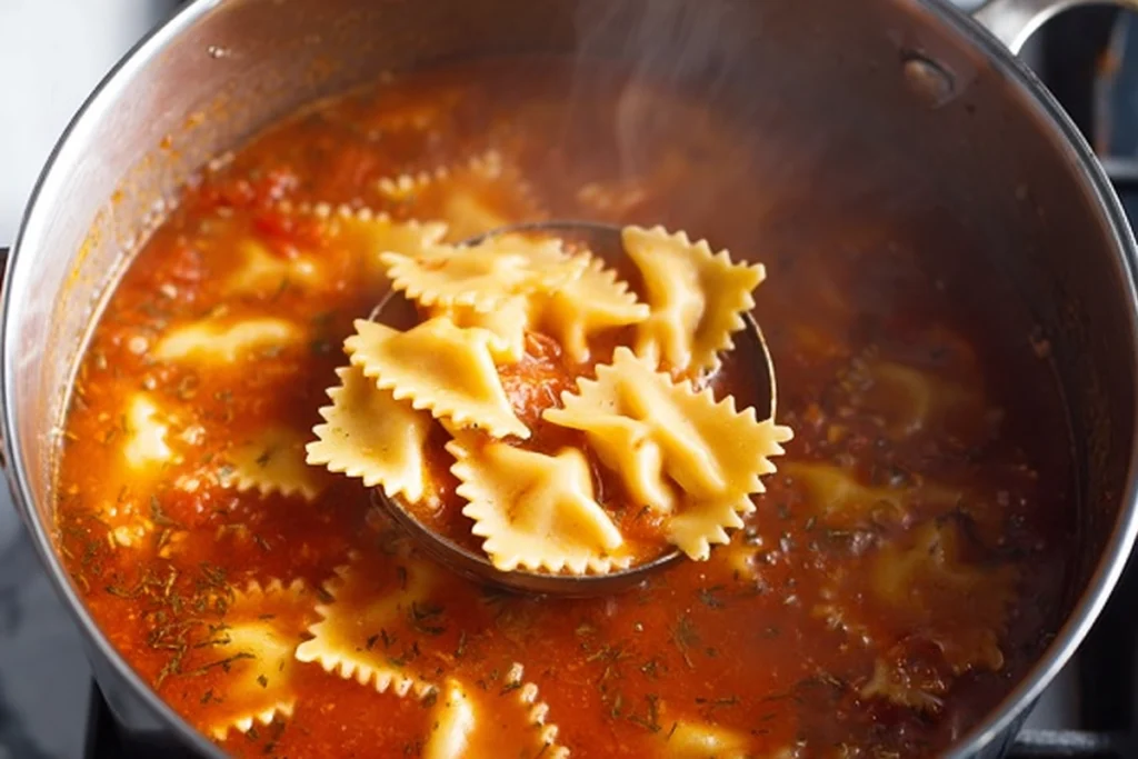 broken lasagna noodles added to simmering one-pot lasagna soup