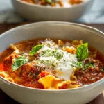 hero image of one-pot lasagna soup in a modern kitchen