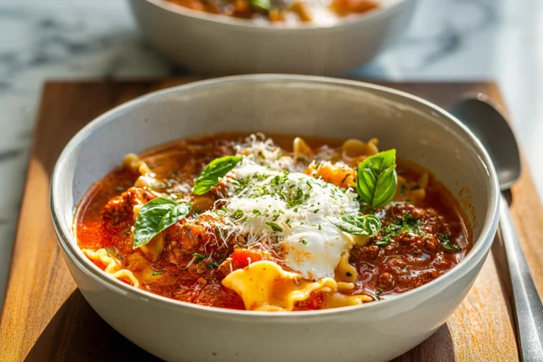 hero image of one-pot lasagna soup in a modern kitchen