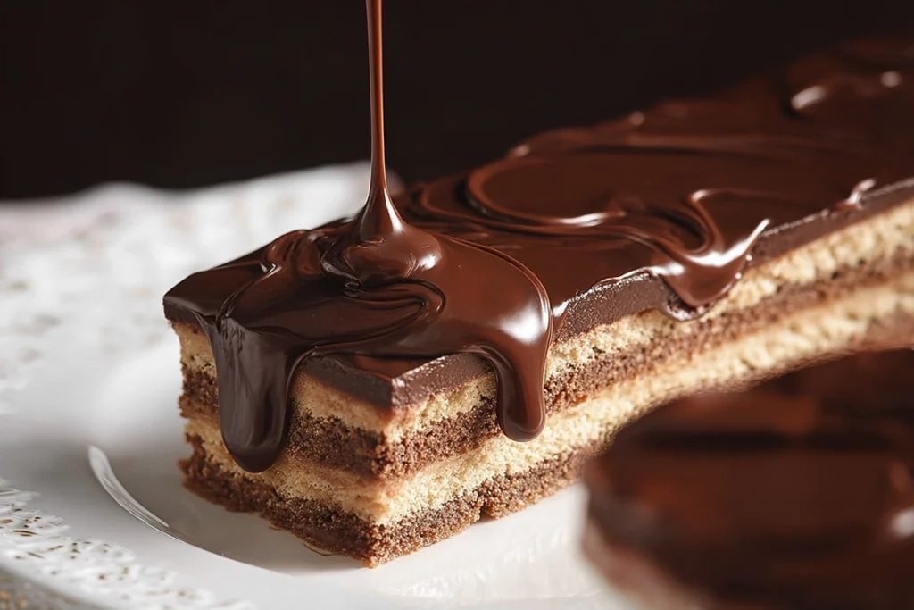close-up of glossy chocolate glaze being poured on opera cake