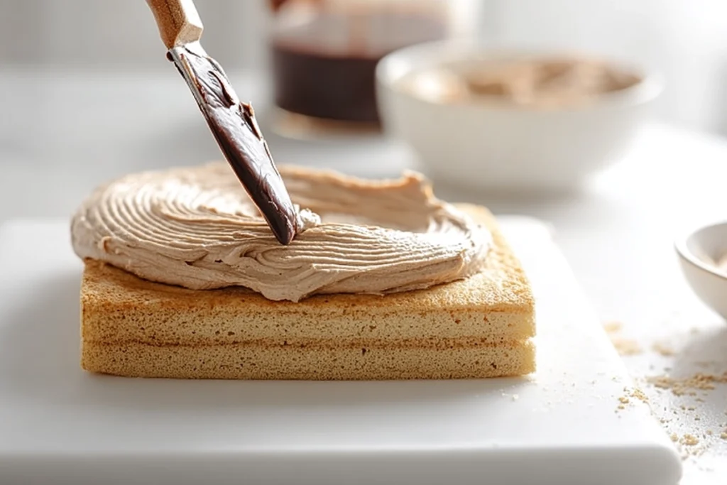 macro shot of coffee buttercream being spread on opera cake layer